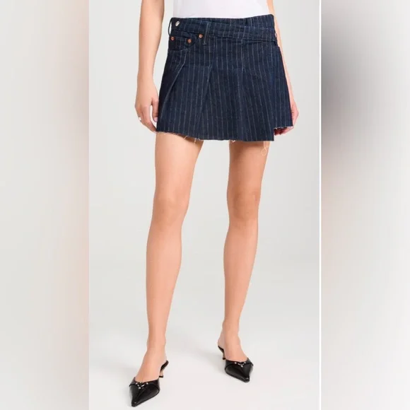 NWOT Re/Done Dark Blue Striped Tennis Wrap Jean Mini Skirt - Picture 1 of 8